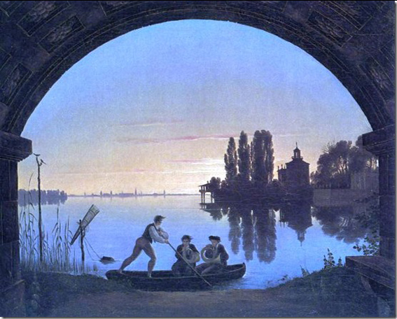 The Banks of the Spree near Stralau (recolorisé), de Karl Friedrich Schinkel (1817)